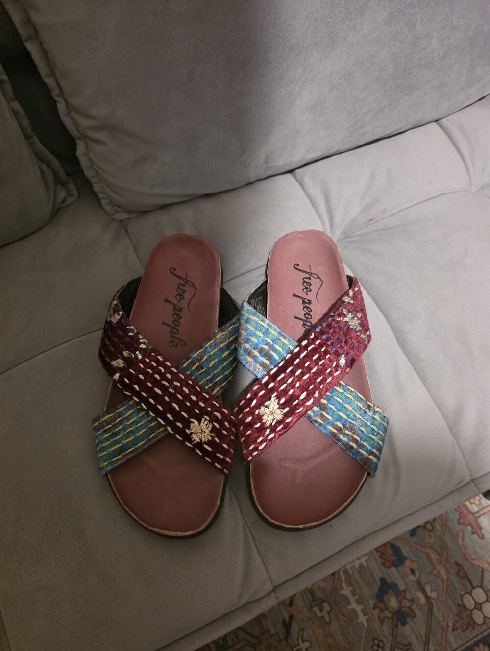 Free People Burgundy & Teal Woven Cross-Strap Sandals, Size 40, Never Been Worn